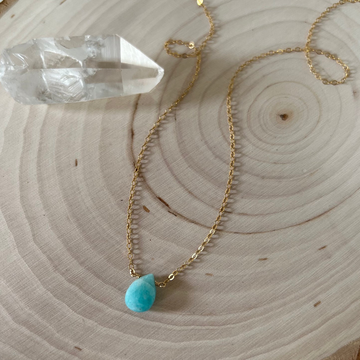 Amazonite Crystal Necklace - Mini Pendant with 14K Gold Filled Chain