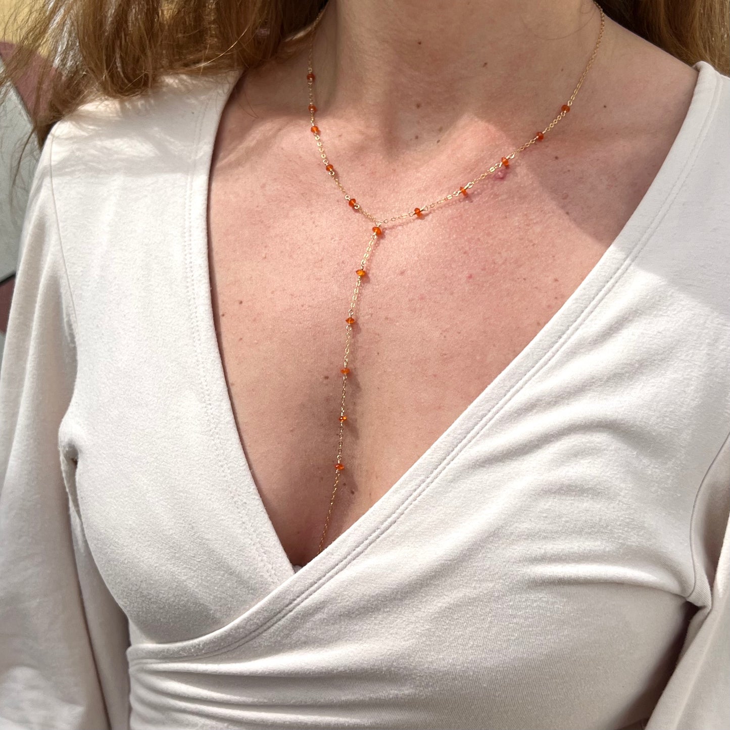 Carnelian Crystal Wire Wrapped Y-Necklace with 14K Gold Filled Chain
