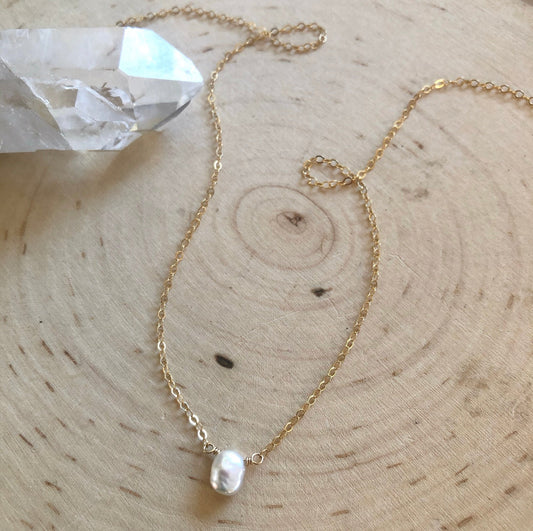 White Raw Pearl Necklace - Mini Pendant with 14K Gold Filled Chain